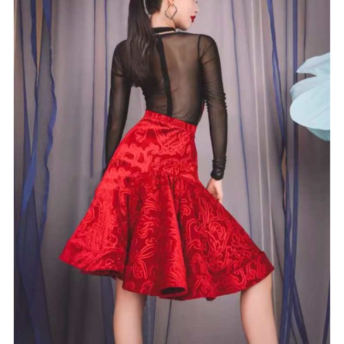 Women girls red flowers ballroom latin dance dresses salsa rumba chacha dancing costumes carnival stage performance skirts for lady